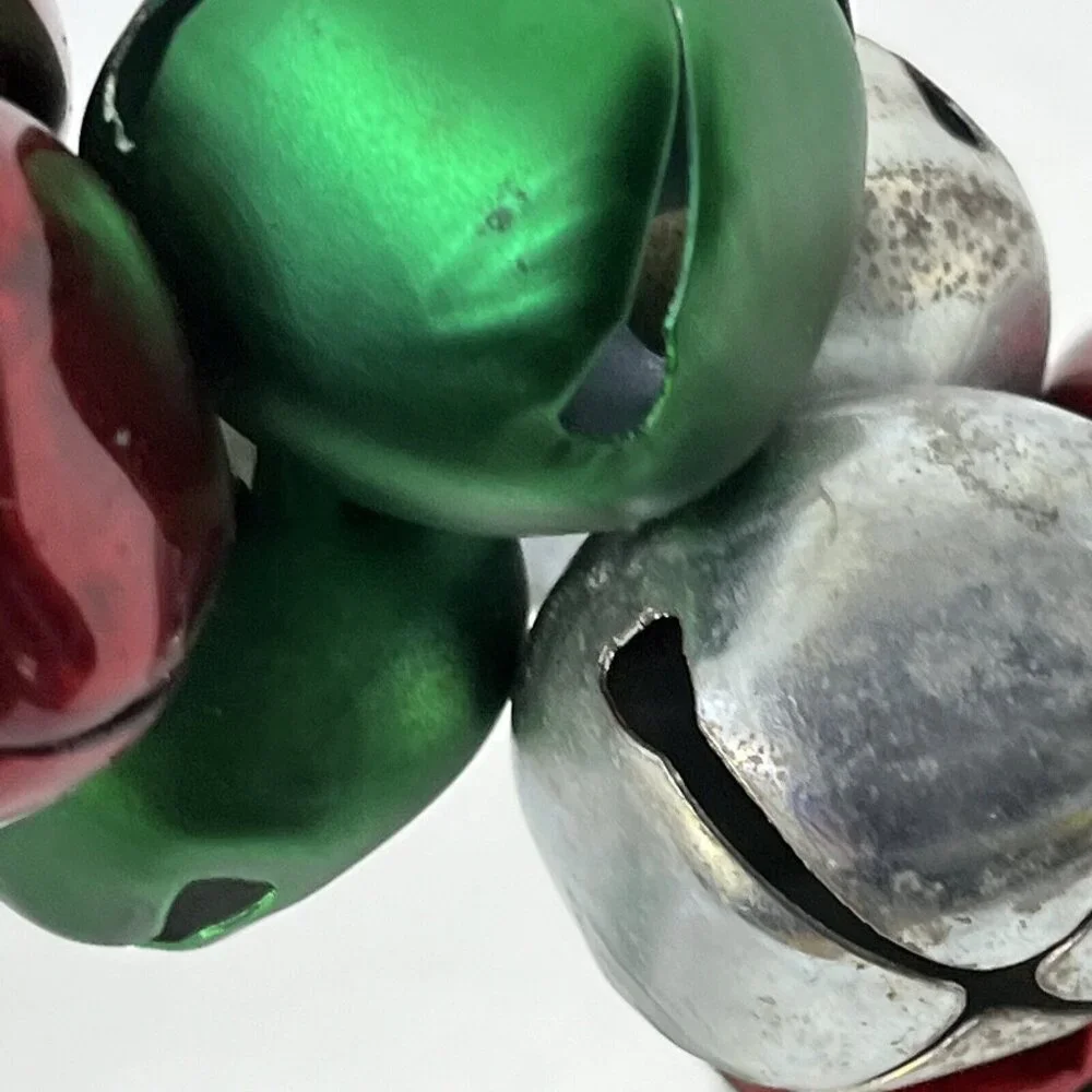 Christmas Jingle Bell Wreath Red Silver Green With Holly Accent Metal